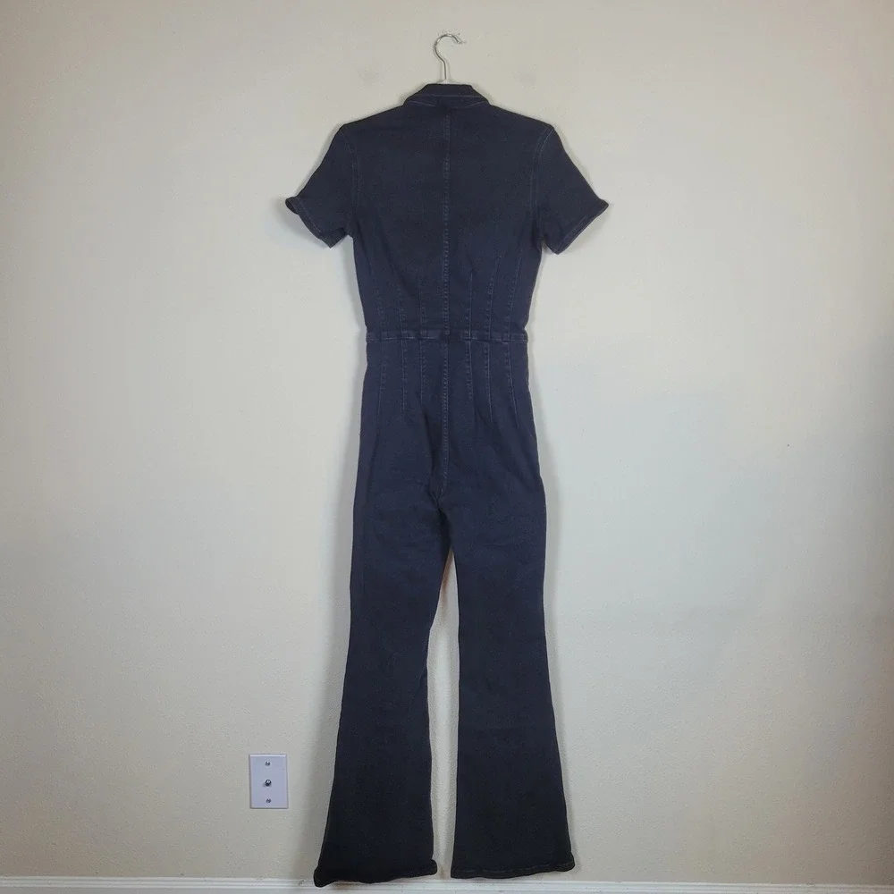 Free People We The Free Jumpsuit Small Black Denim Jayde Flare Boho Stretch Zip